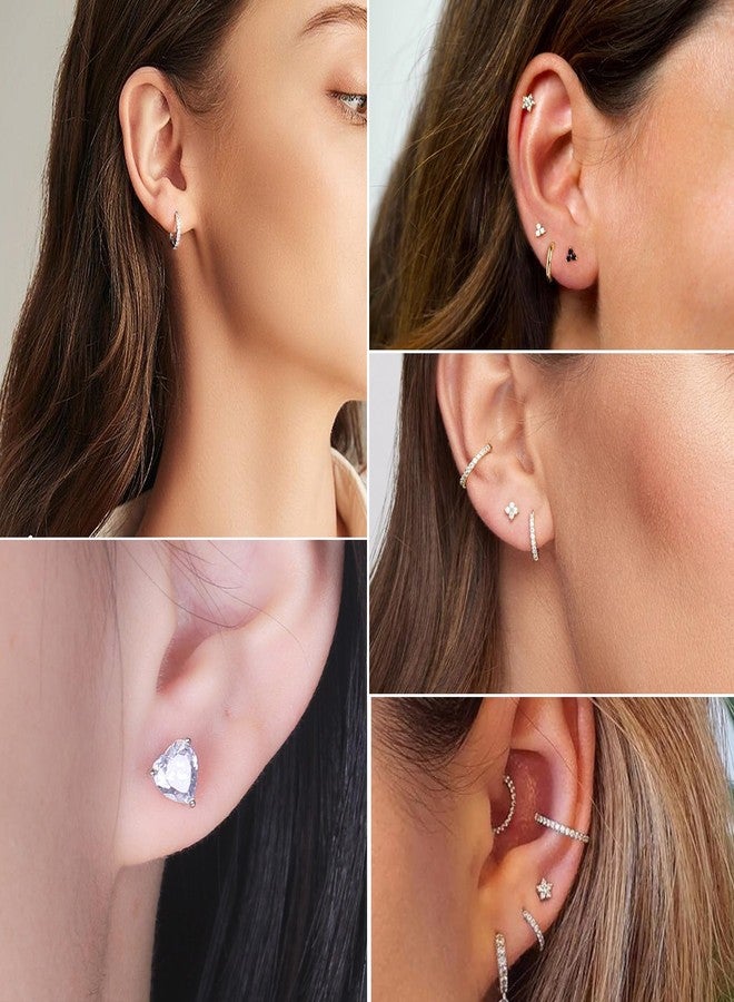 EPIRORA 925 Sterling Silver Stud Earrings Set for Women Men, Hypoallergenic Cubic Zirconia Flower Stud Cartilage Helix Earrings, 5 Pairs Different Sizes Silver Hoop Earring Studs Sets for Multiple Piercing - Image 2